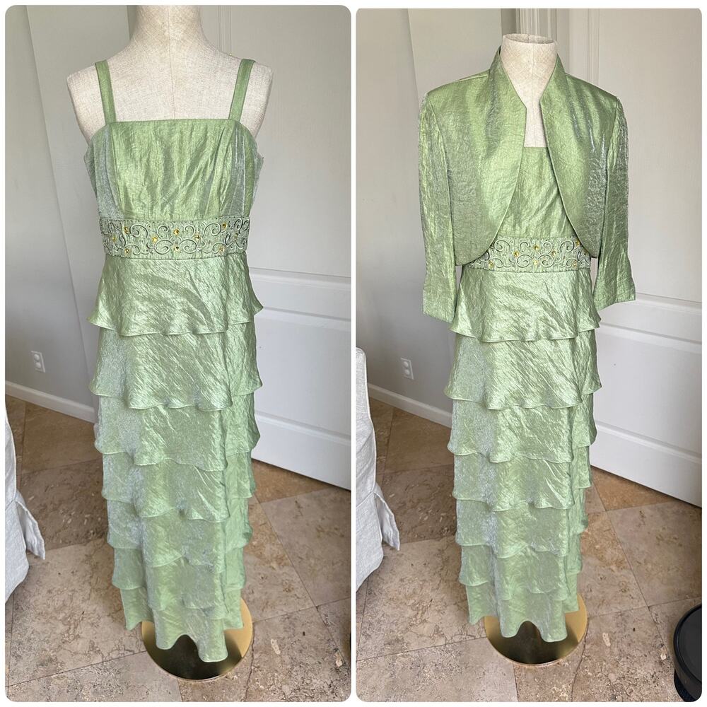 R&M Richards Sage Green 2-Pc Set – Jacket + Tiered Ruffle Dress Sz10